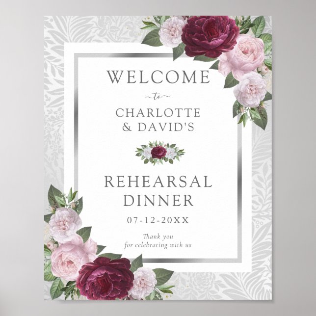 Burgundy Blush Silver Rehearsal Dinner Welcome Poster (Front)