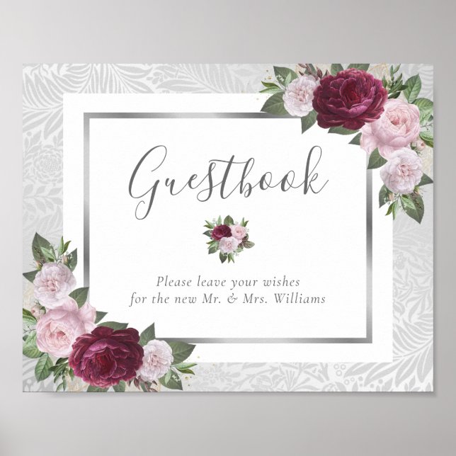 Burgundy Blush Silver Wedding Guest Book Sign (Front)