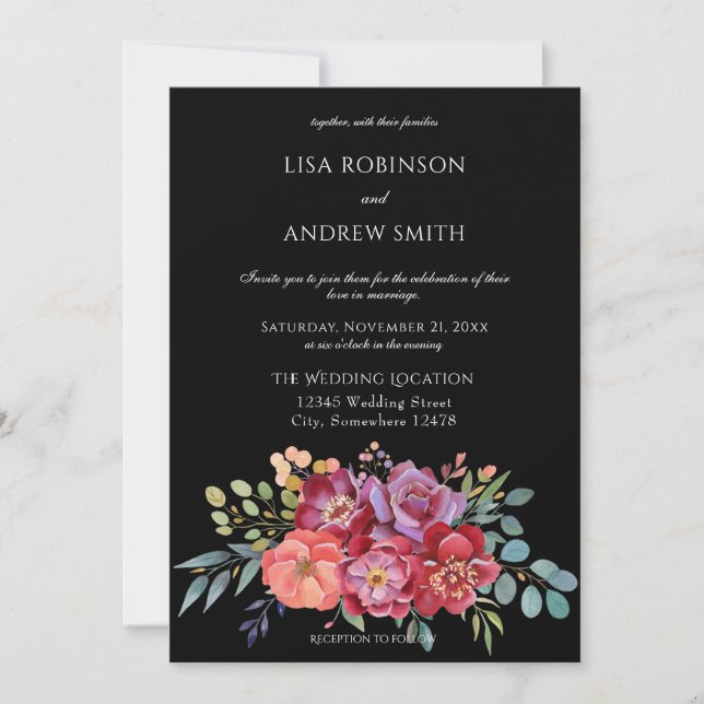 Burgundy Blush Tropical Floral Wedding- Black V2 Invitation (Front)