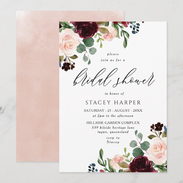 Burgundy & Blush Watercolor Elegant Bridal shower Invitation (Front/Back)
