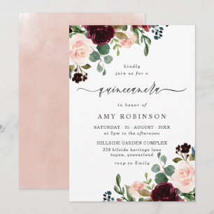 Burgundy & Blush Watercolor Elegant Quinceanera Invitation