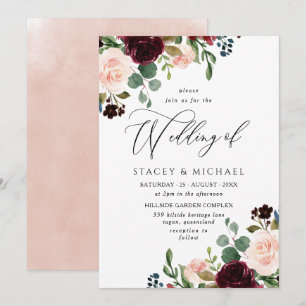 Burgundy & Blush Watercolor Elegant Spring Wedding Invitation