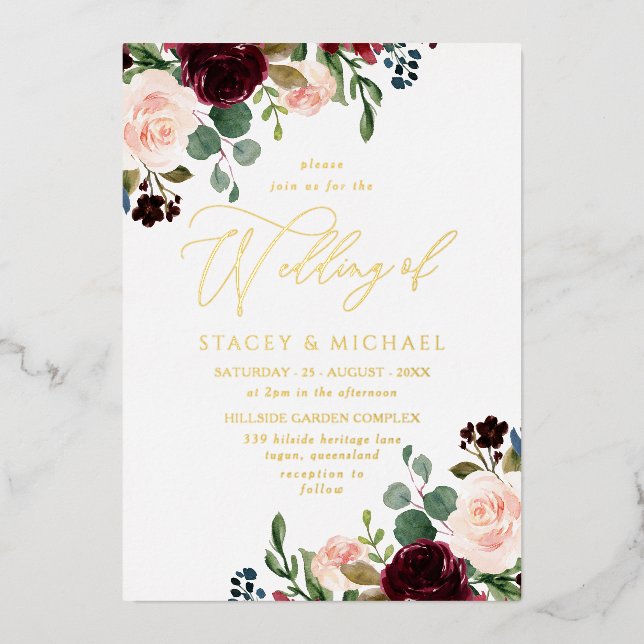 Burgundy & Blush Watercolor Elegant Wedding Gold (Front)