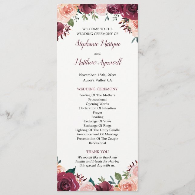 Burgundy Blush Watercolor Fall Floral Wedding Programme (Front)