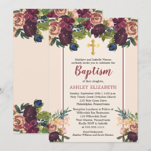 Burgundy   Blush Watercolor Floral Baptism Invitation