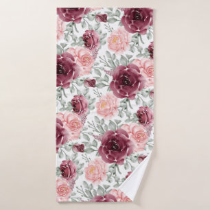 Burgundy blush watercolor floral bath towel