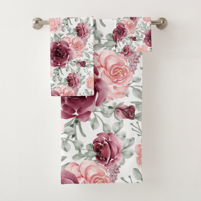 Burgundy blush watercolor floral     bath towel set (Insitu)