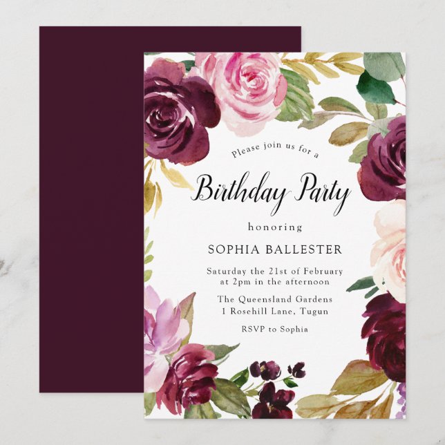 Burgundy Blush Watercolor Floral Birthday Party Invitation (Front/Back)