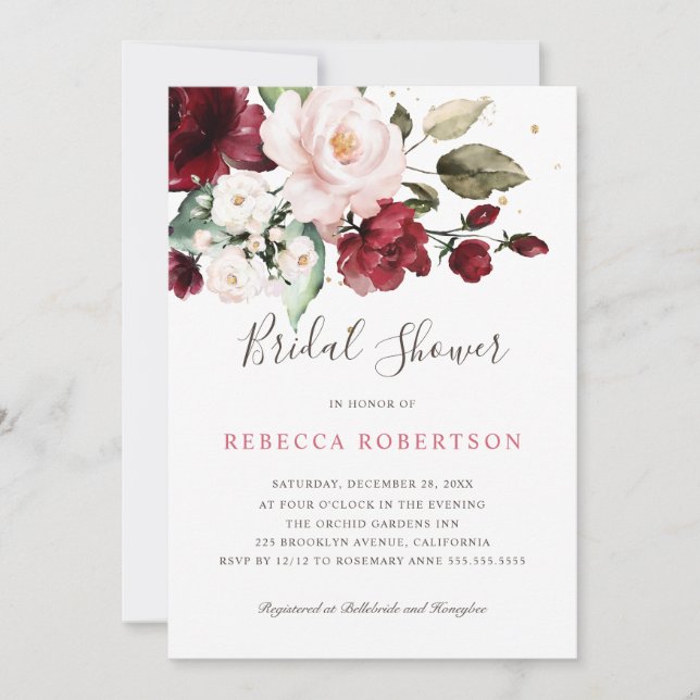 Burgundy Blush Watercolor Floral Bridal Shower Invitation (Front)