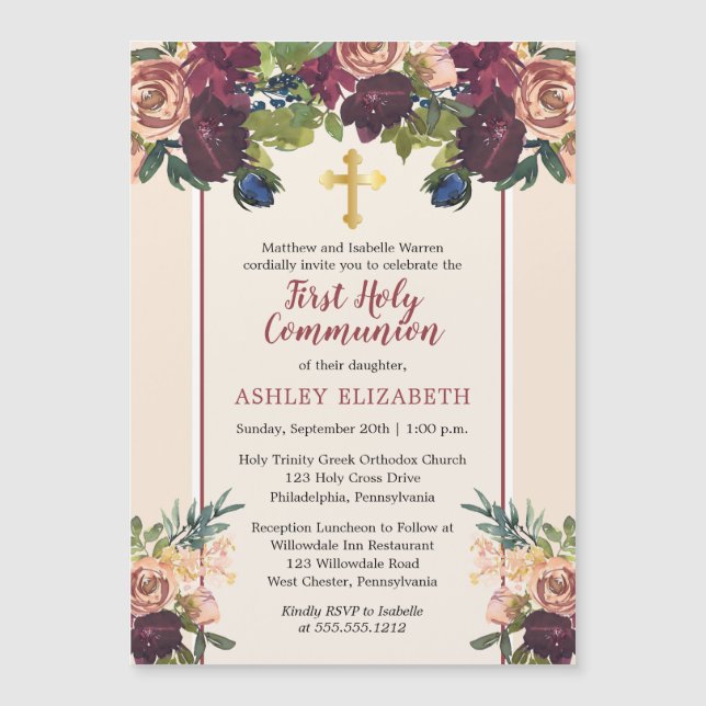 Burgundy | Blush Watercolor Floral Communion Invit Magnetic Invitation (Front)