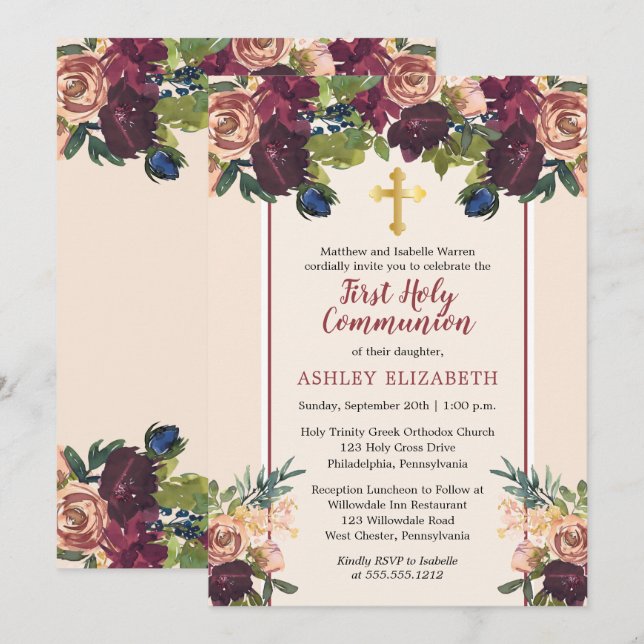 Burgundy | Blush Watercolor Floral Communion Invitation (Front/Back)