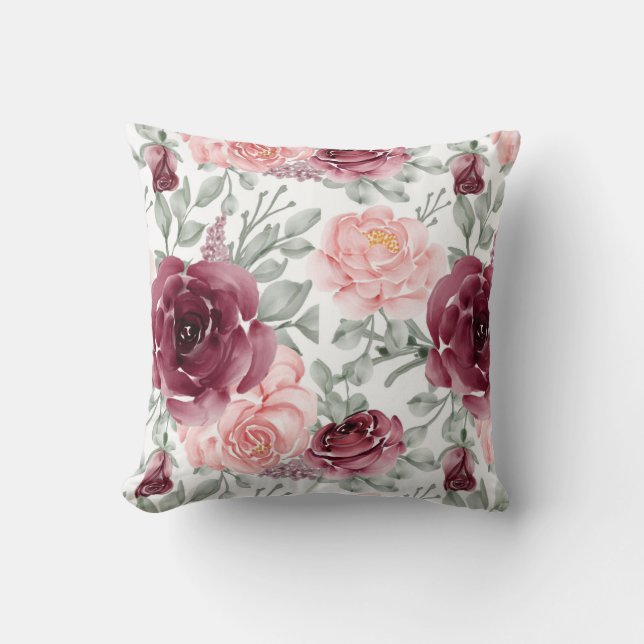 Burgundy blush watercolor floral cushion (Front)