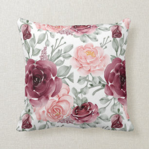 Burgundy blush watercolor floral cushion
