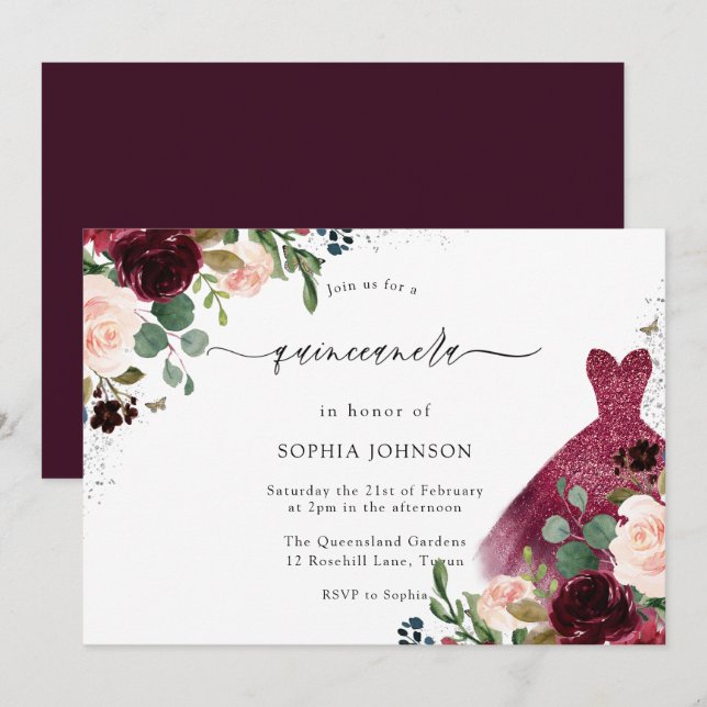 Burgundy Blush Watercolor Floral Dress Quinceanera Invitation (Front/Back)