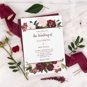 Burgundy Blush Watercolor Floral Fall Wedding Invitation