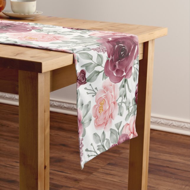 Burgundy blush watercolor floral long table runner (In Situ)