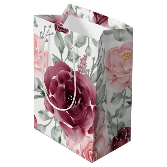 Burgundy blush watercolor floral   medium gift bag (Back Angled)