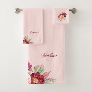 Burgundy Blush Watercolor Floral Personalised Bath Towel Set