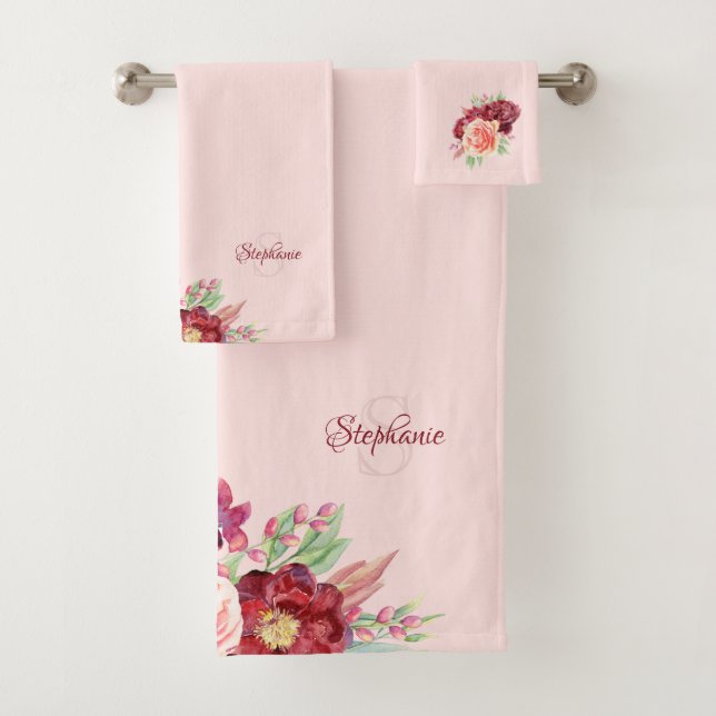 Burgundy Blush Watercolor Floral Personalised Bath Towel Set (Insitu)