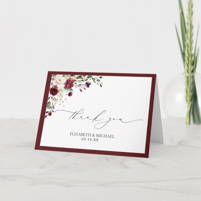 Burgundy Blush Watercolor Floral Photo Thank You Card (Front)