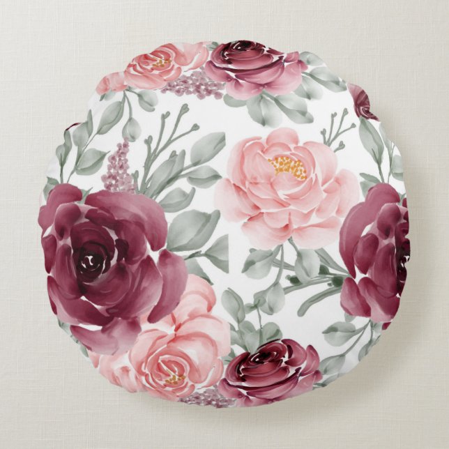 Burgundy blush watercolor floral round cushion (Front)