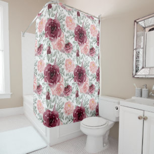 Burgundy blush watercolor floral shower curtain