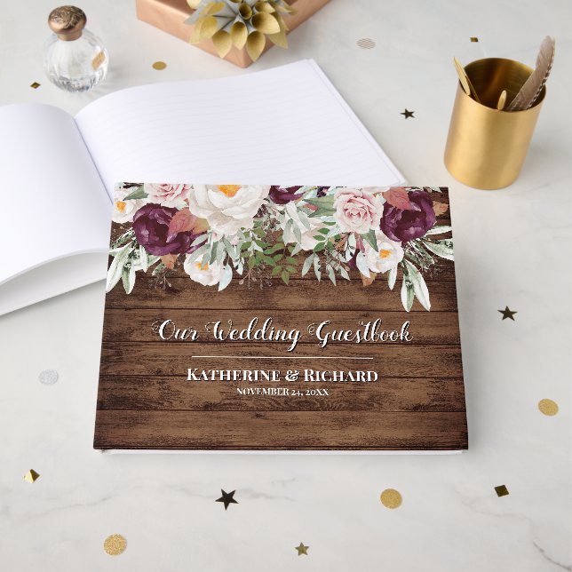 Burgundy Blush Watercolor Floral Wedding Guest Book (Front Open)