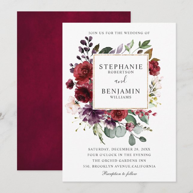 Burgundy Blush Watercolor Floral Wedding Invitation (Front/Back)