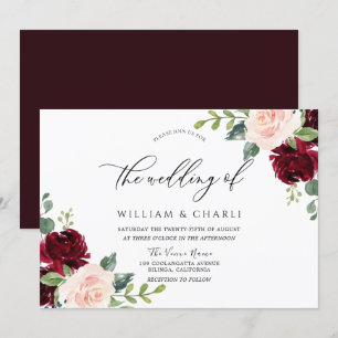 Burgundy Blush Watercolor Floral Wedding Invitation