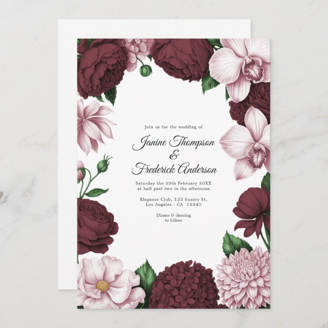 Burgundy & Blush Watercolor Floral Wedding Invitation (Front/Back)