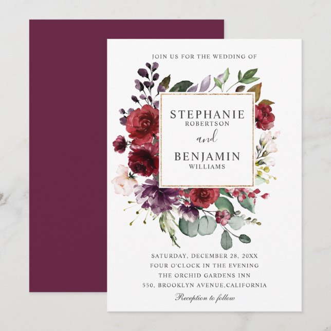 Burgundy Blush Watercolor Floral Wedding Invitation (Front/Back)