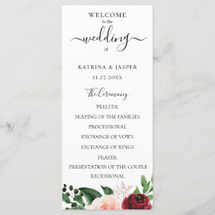 Burgundy Blush Watercolor Floral Wedding Programme