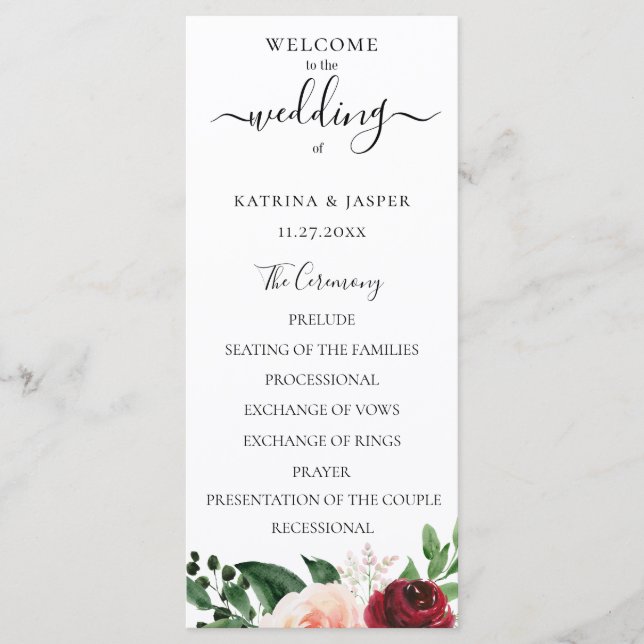 Burgundy Blush Watercolor Floral Wedding Programme (Front)