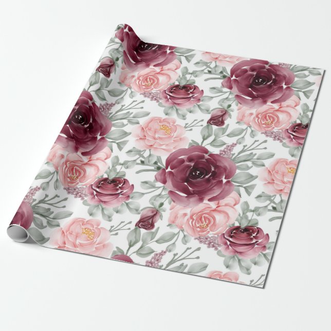 Burgundy blush watercolor floral wrapping paper (Unrolled)