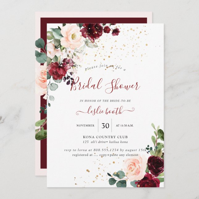 Burgundy Blush Watercolor Flowers Bridal Shower Invitation (Front/Back)