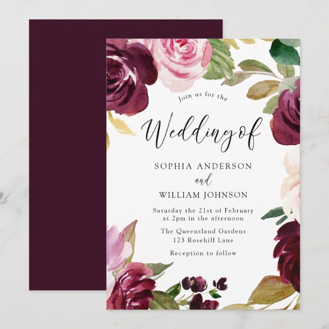 Burgundy Blush Watercolor Flowers Elegant Wedding Invitation (Front/Back)