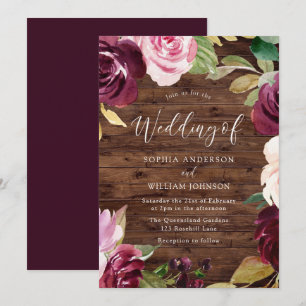 Burgundy Blush Watercolor Flowers Rustic Wedding Invitation
