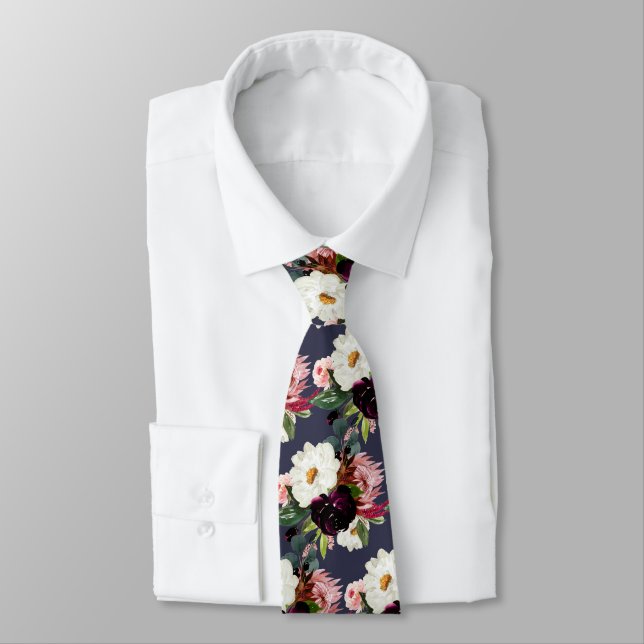 Burgundy + Blush Watercolor Flowers Tie (Tied)