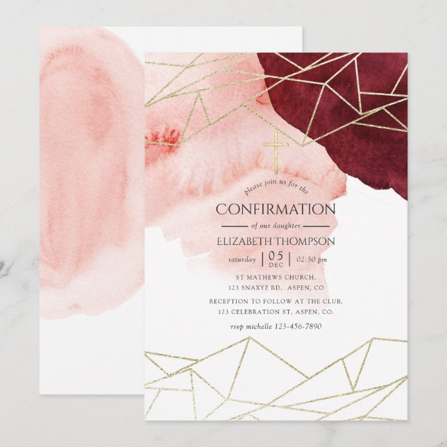 Burgundy Blush Watercolor Geometric Confirmation Invitation (Front/Back)