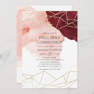 Burgundy Blush Watercolor Geometric Holy Communion Invitation