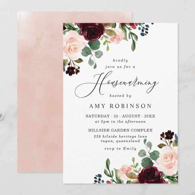 Burgundy & Blush Watercolor Housewarming Party Invitation (Front/Back)