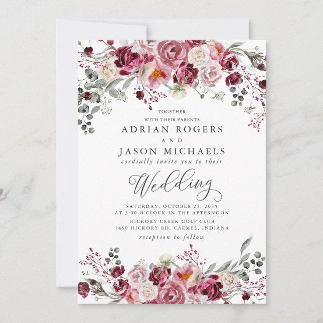 Burgundy & Blush Watercolor Peony Roses Wedding Invitation (Front)