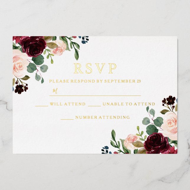 Burgundy & Blush Watercolor  Wedding Gold RSVP (Front)