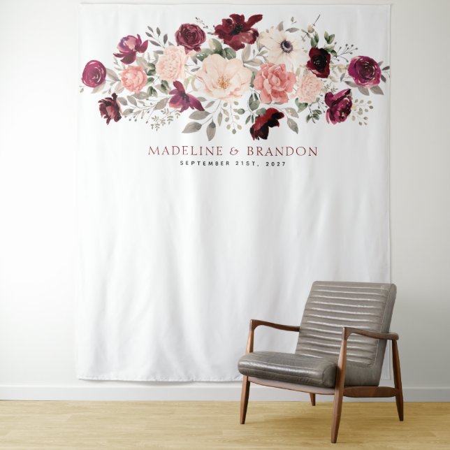Burgundy Blush Wedding Backdrop Tapestry (In Situ)
