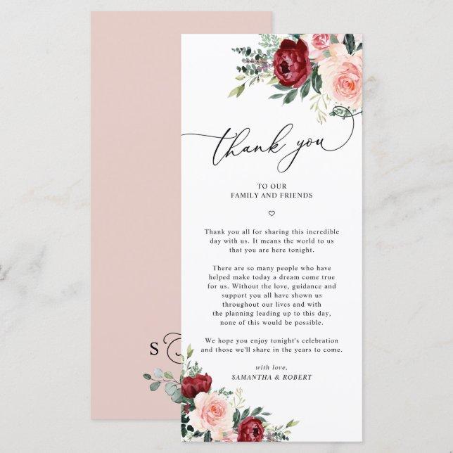 Burgundy Blush Wedding Thank You Letter Card (Front/Back)