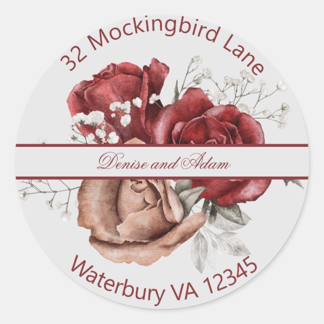 Burgundy Blush & White Roses Classic Round Sticker (Front)