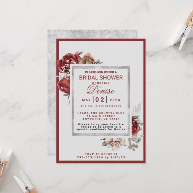 Burgundy, Blush, White Roses Engagement Party  Invitation (Front/Back In Situ)