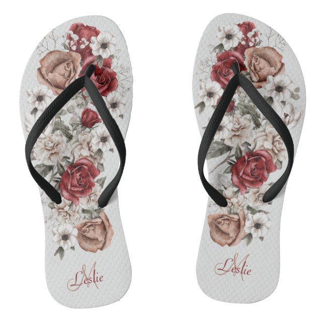 Burgundy Blush & White Roses Flip Flops (Footbed)