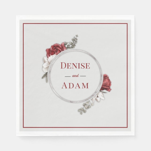 Burgundy Blush & White Roses Silver Foil    Napkin (Front)