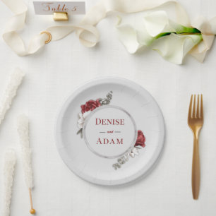 Burgundy Blush & White Roses Silver Foil  Paper Plate